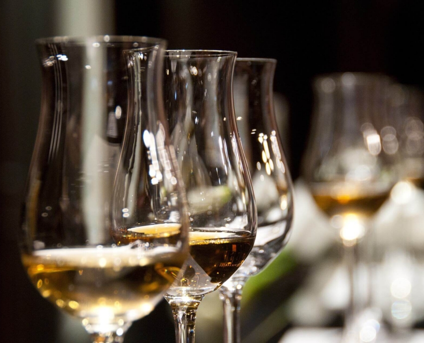 Dresdner Whisky Manufaktur 01 Eine Reihe eleganter Nosing-Gläser, gefüllt mit bernsteinfarbenem Single Malt Whisky der Dresdner Whisky Manufaktur vor dunklem Hintergrund.